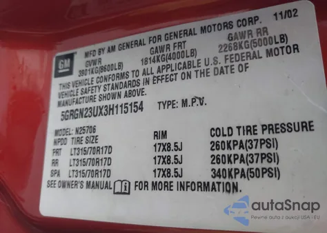 2003 Hummer H2 z USA, uszkodzony, nr VIN 5GRGN23UX3H115154